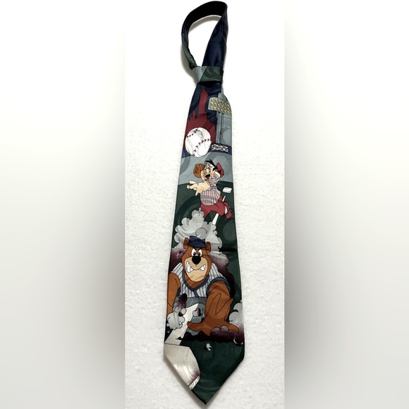 Vintage 1994 Cartoon Network Silk Necktie Baseball Fred Flintstone Yogi Bear - Picture 1 of 11